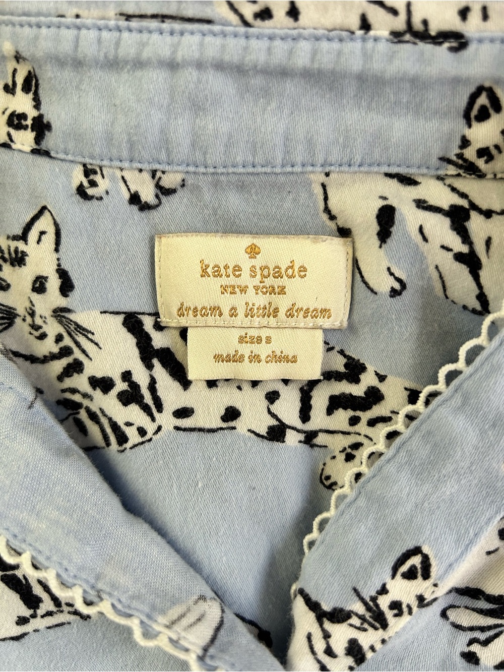kate spade Whimsical Light Blue Cat Print Pajama Sleep Top Size Small - Picture 6 of 7